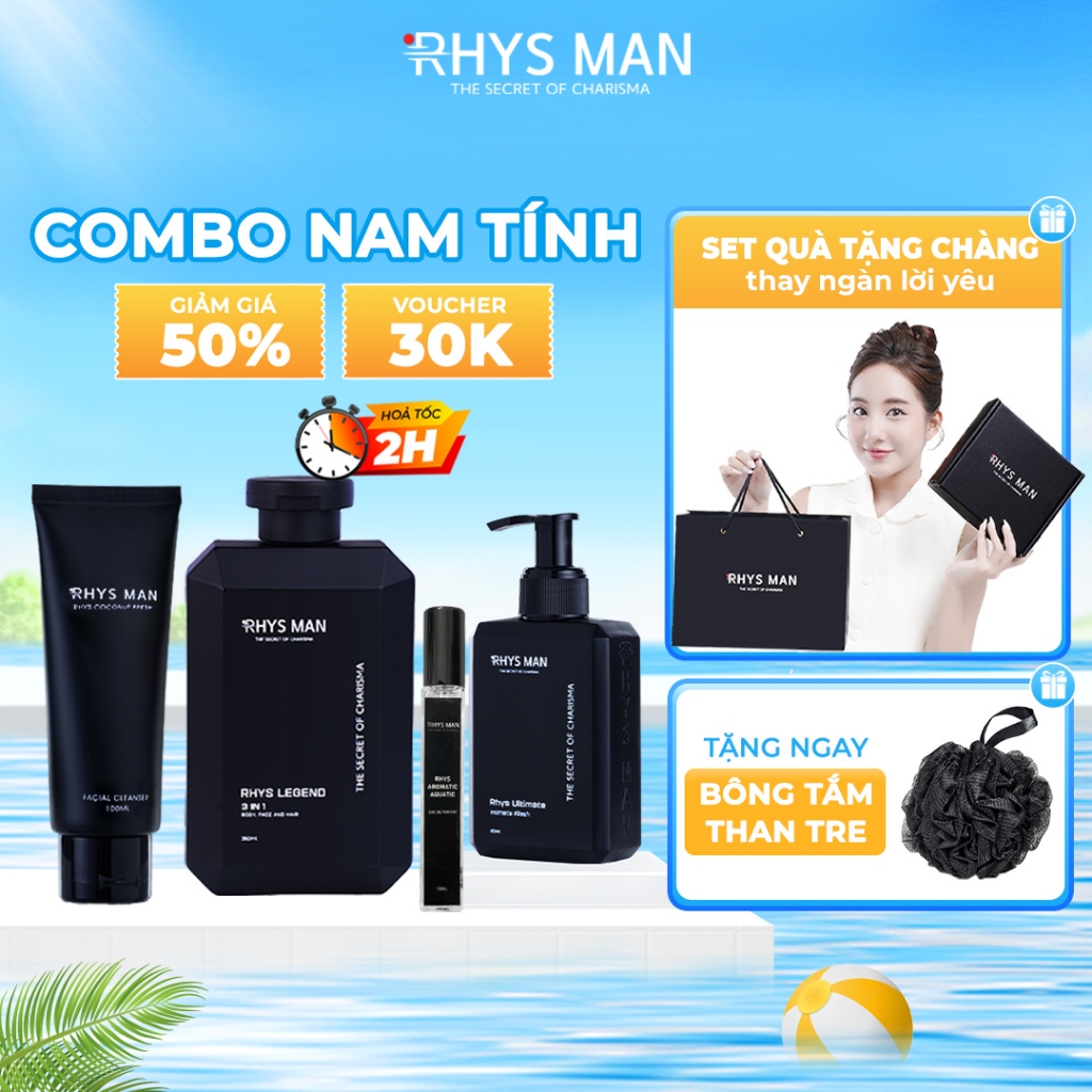 Bộ quà tặng-Sữa tắm gội 3in1 350ml & Sữa rửa mặt 100ml & Dung dịch vệ sinh 120ml & Nước hoa nam RHYS MAN