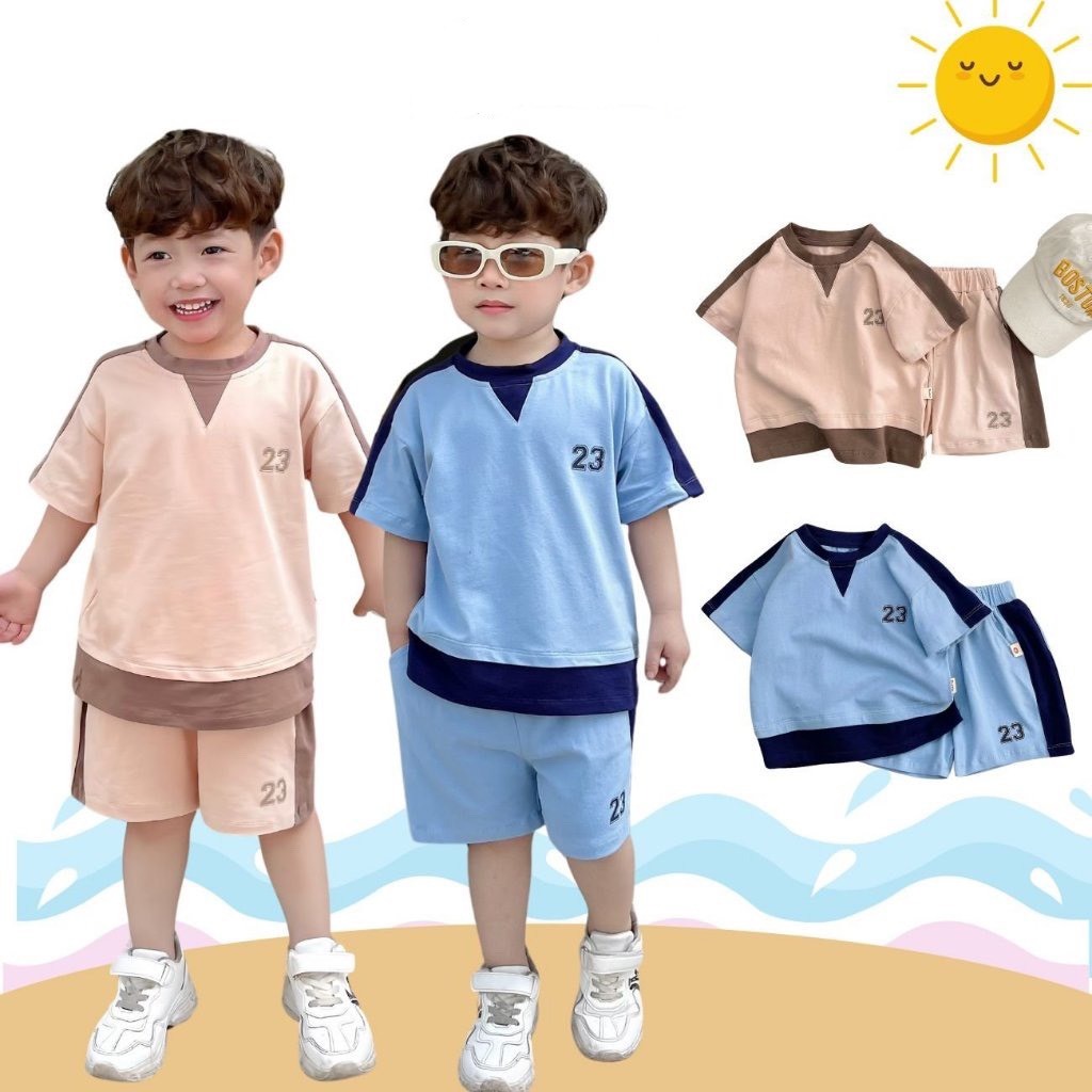 Sét Đồ Bé Trai Áo Thun Tay Ngắn Phối Quần Short Màu Trơn In Số Thời Trang Mùa Hè,Bộ Quần Áo Cộc Tay Bé Trai