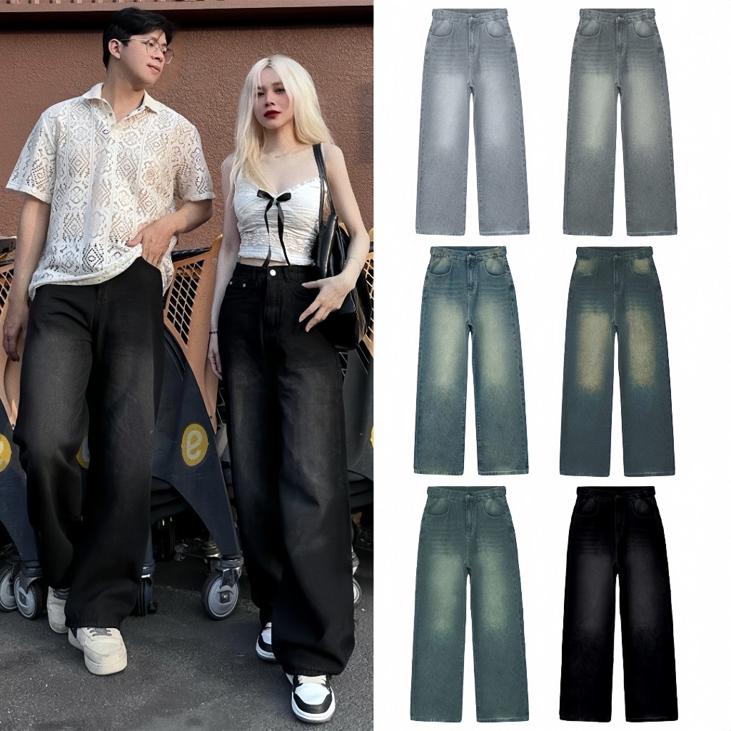 Quần Jeans Dài Wash NQ30 Ống Rộng Cạp Cao Tôn Dáng Nam Nữ Unisex