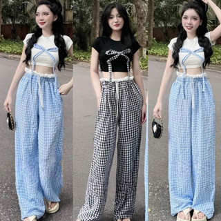 Set bộ áo thun tay ngắn croptop đính nơ caro + quần xốp caro nhúng bèo eo