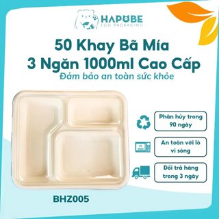 50 khay bã mía 3 ngăn BHZ005 nắp bã mía hoặc nắp PET trong