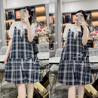Váy kẻ caro suông đen trắng phối cổ ren tay trắng bồng đầm kẻ xuông freesize form rộng