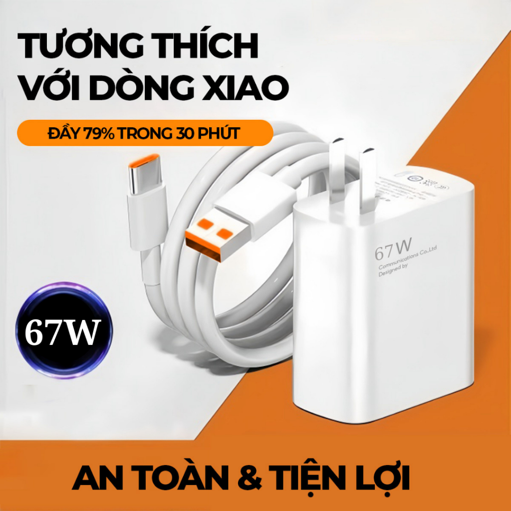 Cục sạc nhanh XM 67W QC4.0 cáp sạc 6A USB to Type-C sạc ổn định phù hợp cho các dòng Re note Mi