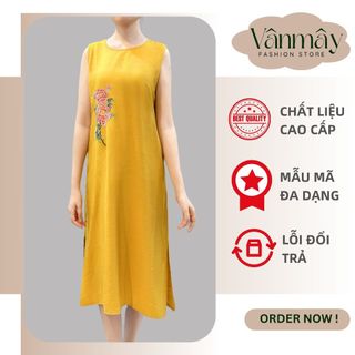 Váy đầm cổ tròn sát nách chất liệu đũi tơ xước thêu hoa Freesize cực kỳ mềm mịn và phong cách