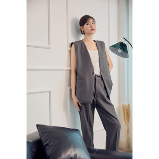 Set áo gile dáng dài và quần baggy - chevons Xám- thiết kế by BUY.NOW