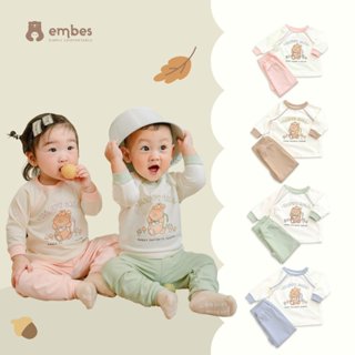 Bộ Quần Áo Dài Tay Embes, Bộ Thu Đông Họa Tiết Gấu Cho Bé Trai Bé Gái Chất Cotton Size 8kg Đến 17kg