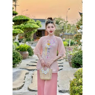 Đồ lam đi chùa nữ vải tơ voan mềm thêu công màu hồng