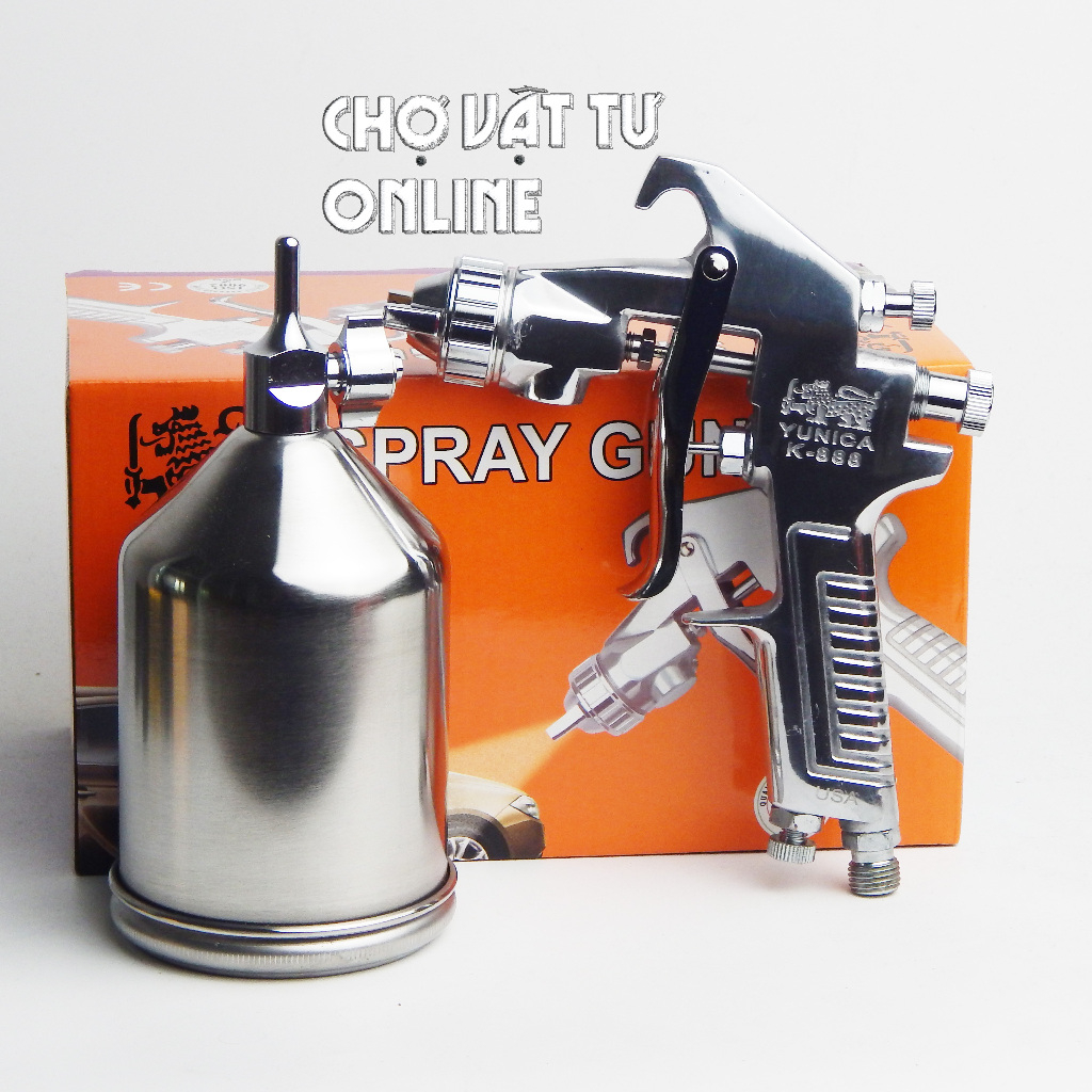 Súng phun sơn khí nén model K888 đầu phun 1.5mm kèm lon sơn inox có chân gác hàng đẹp loại 1