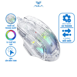 Chuột gaming có dây aula s80 xuyên led 12 hiệu ứng rgb dpi 7200 chơi game màu trong suốt xuyên led