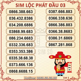 Sim số đẹp lộc phát đầu 03 list - 1, sim viettel trả trước, hỗ trợ đăng ký chính chủ