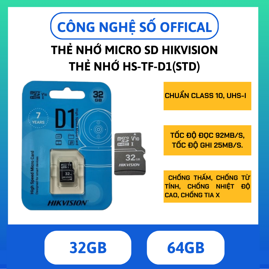 Thẻ nhớ Hikvion 64GB MicroSD HS-TF-D1(STD) tốc độ 92MB/S class 10
