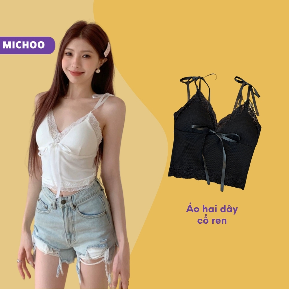 Áo 2 dây viền ren buộc dây nơ có mút ngực MICHOO hai màu đen trắng, dáng croptop