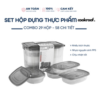 Bộ 29 Hộp Đựng Thực Phẩm COOKROOF 6 Size nhựa PP5 kèm nắp an toàn cho sức khoẻ dùng được cho lò vi sóng, tủ lạnh