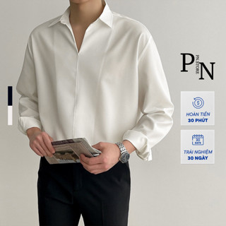 Áo sơ mi nam PN STORE cổ V hàn quốc form rộng không nút trắng đen , Áo sơ mi cổ vest dài tay vải lụa chống nhăn SMV