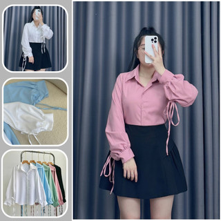 Áo sơ mi nữ tay phồng buộc nơ cách điệu chất lụa chéo mềm mịn phù hợp nhiều phong cách (có bigsize) 50-96kg SM170