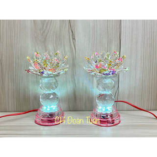 Cặp đèn thờ pha lê hoa sen nguyên khối đổi màu nhiều kích thước