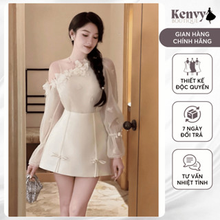 Bộ Áo Lệch Vai Kenvy BOUTIQUE Chất Tơ Ánh Nhũ Viền Hoa Tay Loe Dài Viền Đính Nơ Mix Chân Váy Tafta Xoè Nhẹ Tiểu Thư N76