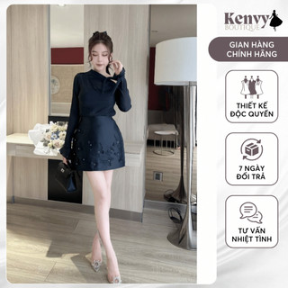 Bộ Áo Trễ Vai Kenvy BOUTIQUE Phối Chân Váy Hai Màu Đen Trắng Đính Hồ Điệp Kenvy N75