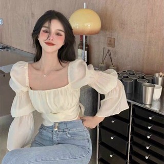 Áo Croptop Tiểu Thư Cổ Vuông Tay Dài Bồng Bo Khúc - Áo kiểu nữ Buộc Nơ Sau Lưng ôm Body CÓ MÚT NÂNG thanh lịch A22