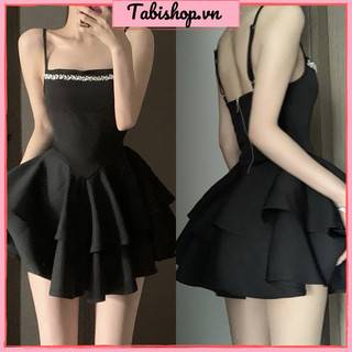 Đầm 2 dây xếp tầng cổ đính đá TABISHOP Váy nữ màu đen thiết kế đi dự tiệc đi chơi sang chảnh