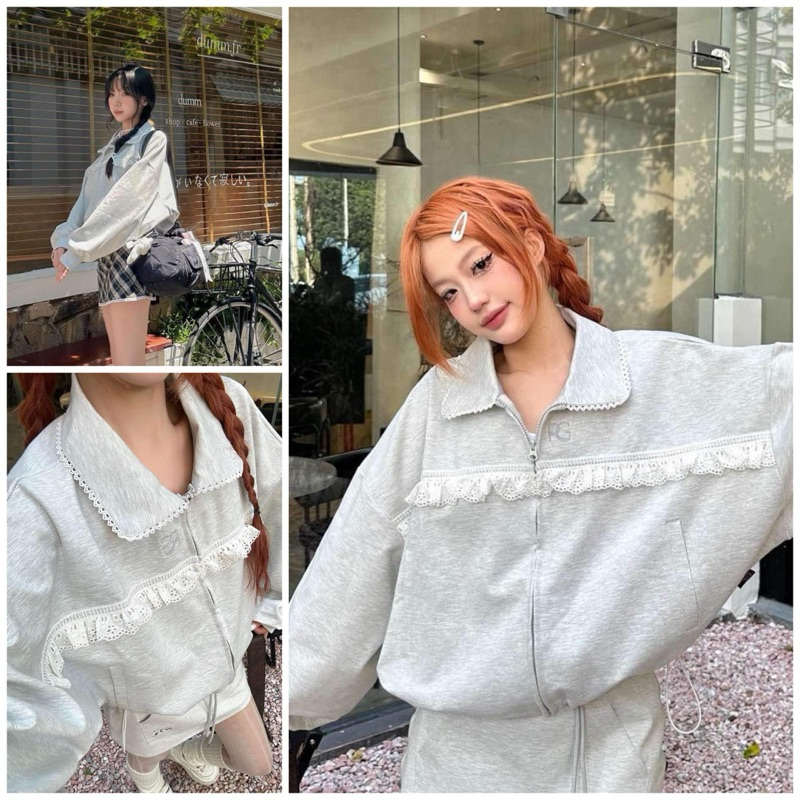 Áo Khoác Thêu Ren Cổ Bẻ Phối Viền Nữ. Áo Nỉ dáng rộng phong cách Hàn quốc