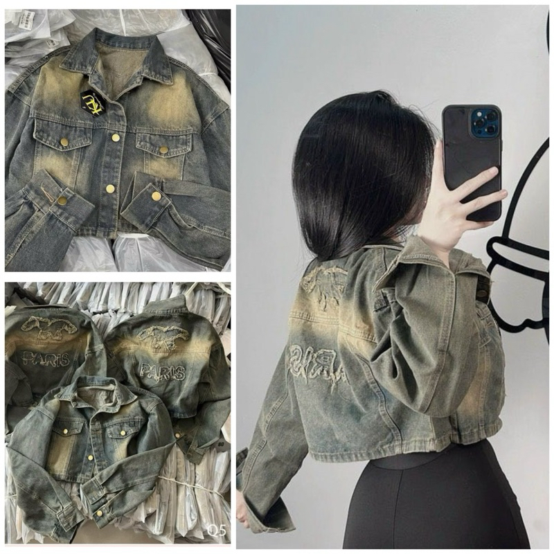 ÁO KHOÁC JEANS NỮ CROPTOP  Thêu Paris.  ÁO KHOÁC DENIM CROPTOP MÀU BỤI HACK DÁNG
