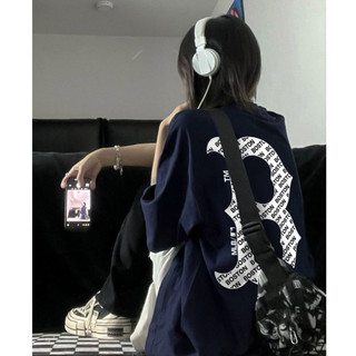 2024 vintage Áo phông nữ form rộng vintage girl phố Xanh đậm Chữ cái B in hình cổ tròn áo thun oversize 100%cotton