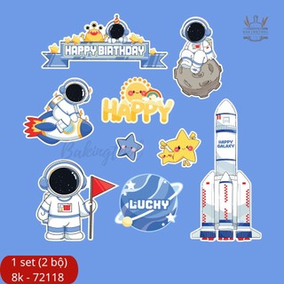 Sp072118 túi 2 set que giấy trang trí bánh phi hành gia + tàu vũ trụ + hành tinh lucky