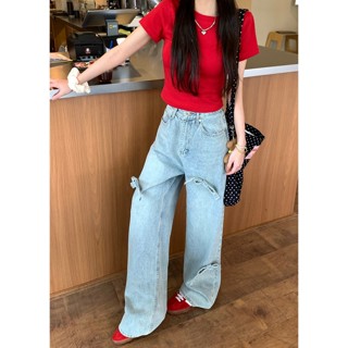 Quần Jean Nữ Lưng cao, quần bò nữ ống rộng nơ, form dài đính nơ, quần jeans ông suông phong cách thời trang hàn quốc Q28