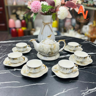 Bộ ấm trà sứ vân đá - bộ ấm chén pha trà viền vàng núm chim kèm đĩa rời