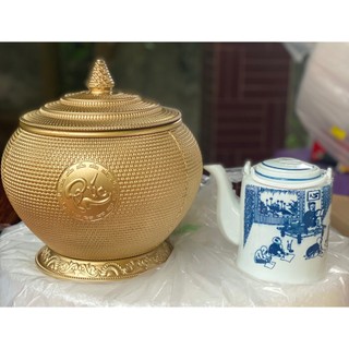 Giỏ ủ ấm tích Phúc Lộc Thọ pha trà xanh sơn nhũ vàng, hàng Bát Tràng chất lượng cao dung tích 1,5L