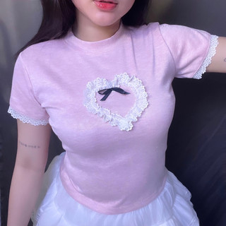 Áo thun babytee nơ trái tim ren trangclothingg