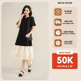 Đầm suông đuôi cá michi house váy xuông cổ tròn tay bồng dáng dài có bigsize v589