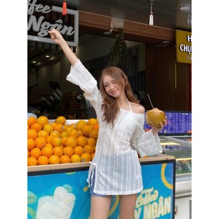 CLÉLIE Áo lưới form rộng trễ vai xẻ tà phối dây nơ kèm bra RITA TOP