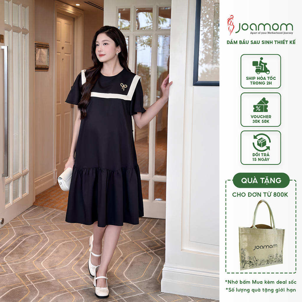  Váy Đầm Bầu Công Sở Đuôi Cá Màu Đen Cổ Vuông Phối Kem Thiết Kế Joamom JVB0054 