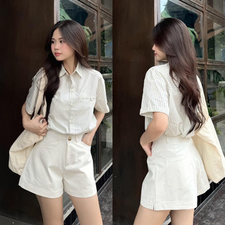 [RÁCH STORE] Áo Sơmi - 1 Túi Giả - Tay Ngắn Lật Lai - Kẻ Dọc