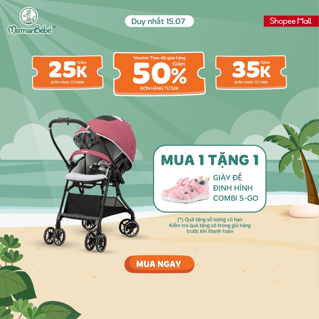 (MamanBébé chính hãng) Xe đẩy Combi Sugocal Light 4 bánh quay tự động màu hồng