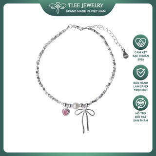 Lắc tay bạc nữ TLEE hạt bạc vỡ treo Charm nơ thắt và trái tim đá hồng điểm trai nước ngọt tự nhiên TLEE JEWELRY LT0212
