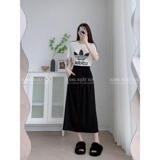 Bộ đồ nữ đẹp set áo và chân váy midi dáng dài DAS phối sọc vải vải cotton lạnh mềm mát co giãn