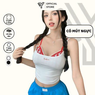 Áo hai dây có mút ngực kèm bra caro GenY áo kiểu nữ 2 dây đi biển cực xinh vải mềm mại co giãn 2D10