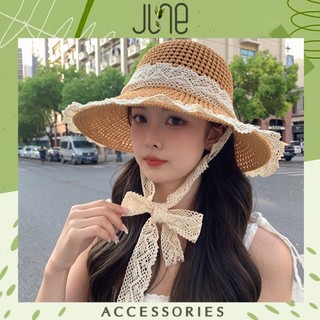 Mũ cói du lịch gấp gọn vải ren trắng mũ du lịch mẹ và bé Mũ đi biển vành rộng thời trang Vintage June