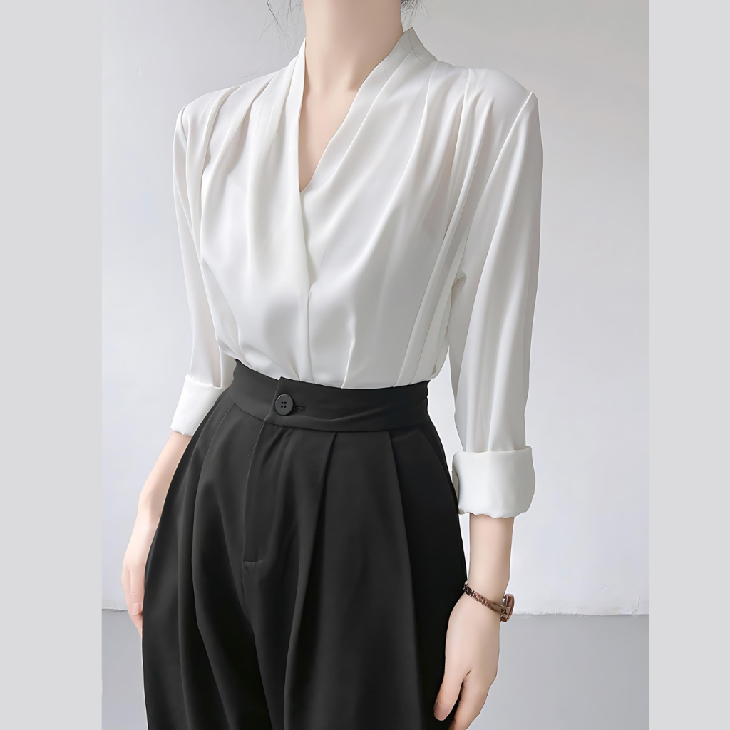 Áo sơ mi nữ kiểu cổ V tay dài Vải lụa cao cấp dày dặn Oxatyl A65 | BigBuy360 - bigbuy360.vn