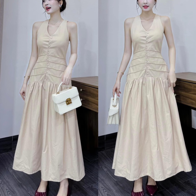 Đầm Cổ V Nút  ( Ảnh Thật Trải Sàn )