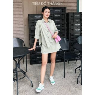 TDT4 - Set Áo Sơ Mi Kèm Chân Váy Ngắn Freesize Vải Đũi HAVA SET