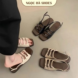 Dép quai hậu nữ đế bằng da mềm êm chân fullbox, sandal nữ quai ngang phối khóa Ngọc Hà Shoes