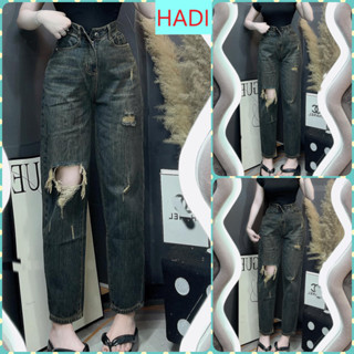   BGNL1739  HÀNG XỊN  QUẦN BAGGY JEANS NỮ LƯNG CAO RÁCH MẢNG GỐI TO KÈM CÀO TRÁI MÀU XANH ĐẬM VÀNG LAI CUỐN TÔN DÁNG 