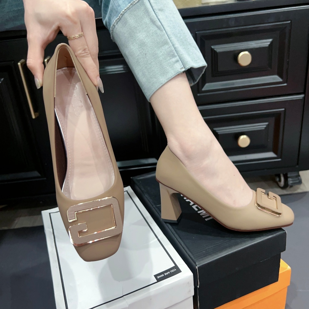 Giày Cao Gót Mũi Vuông chữ GG êm mềm, sang trọng cao 5cm và 7cm - Giày Bánh Bèo mã CaoGotGIIVuong
