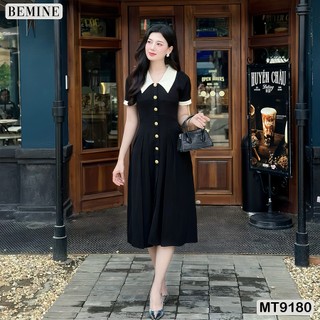 Đầm thiết kế cổ sen phối cúc xẻ trước dáng xếp ly BEMINE MT9180