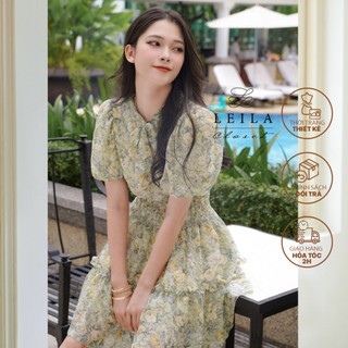  LEILA CLOSET | Đầm hoa thiết kế dáng xoè cổ thắt nơ eo chạy smoking Rose Dress vải voan tơ thêu Hàn 