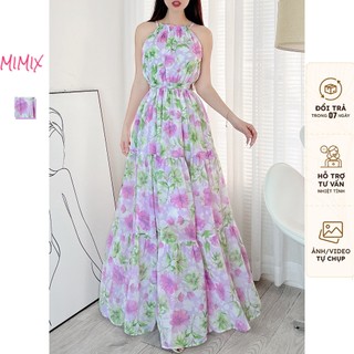 Đầm Maxi MIMIX Cổ Yếm Phối Hoa Dáng Dài Xòe Mùa Hè Phong Cách Thanh Lịch Đi Biển BX7245